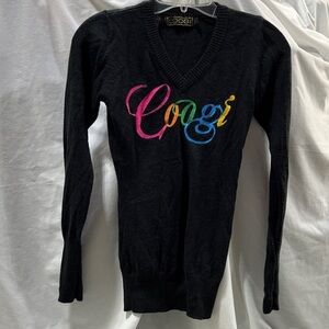 COOGI Black Vibrant embroidered  Multicolor Script V neck sweater S